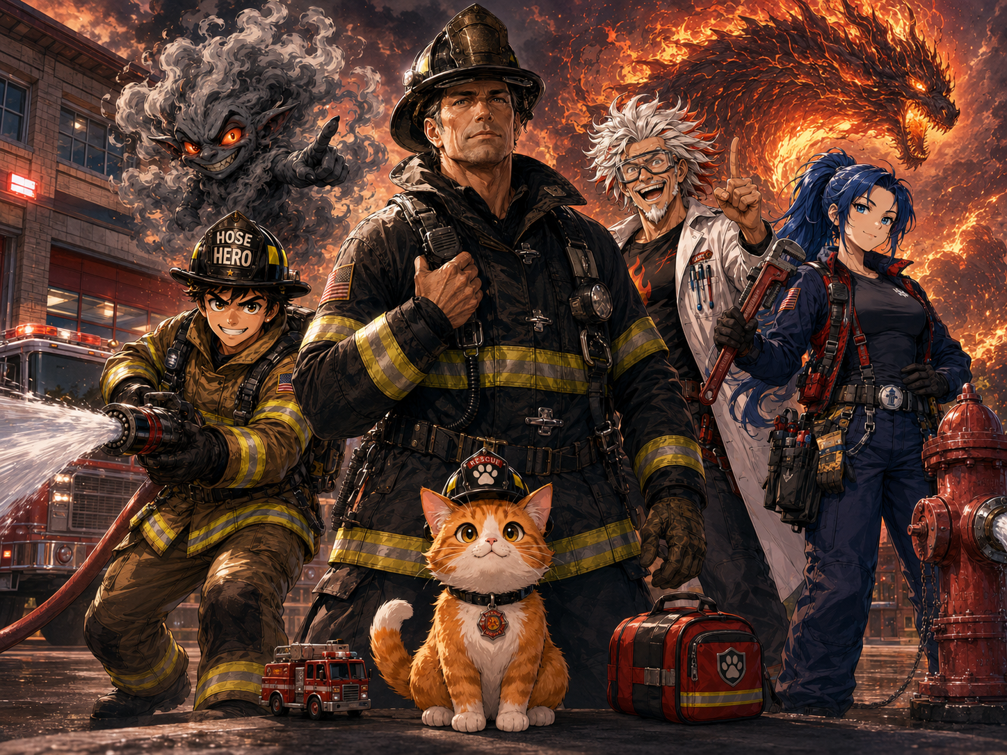 All FirefightingDaily characters together in a heroic group shot.