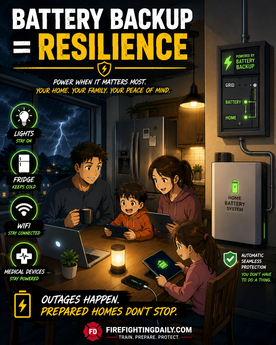 Battery backup system helping a home during an outage.