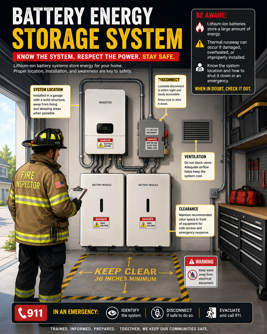 Battery energy storage system in a garage safety scene.