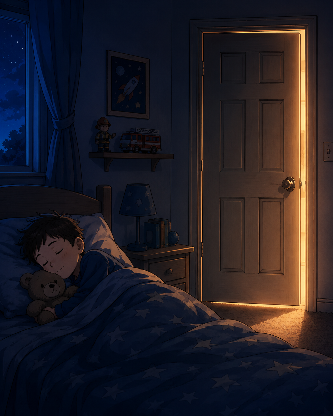 Closed bedroom door at night as a fire safety concept.