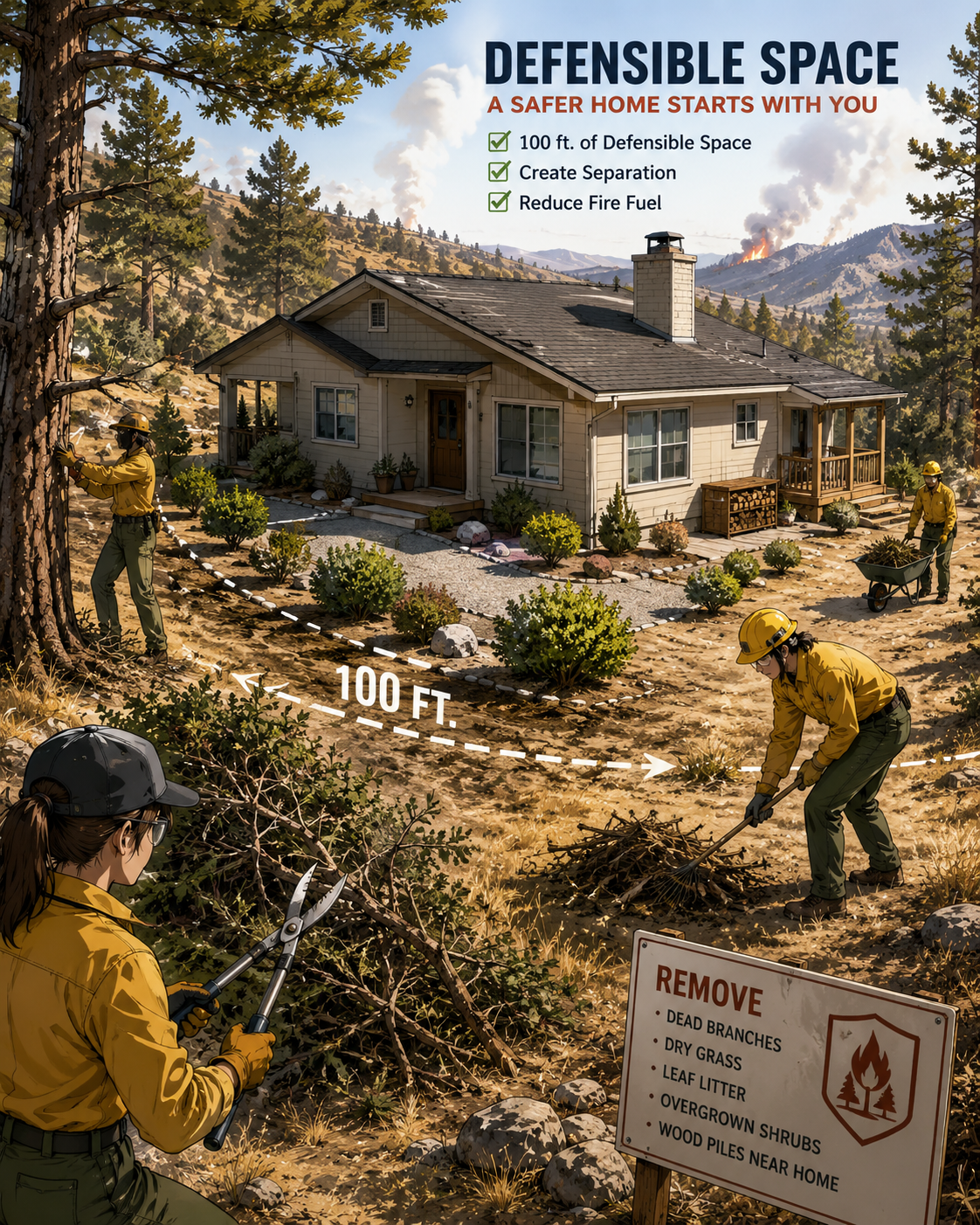 Brush clearance and vegetation management around a home.