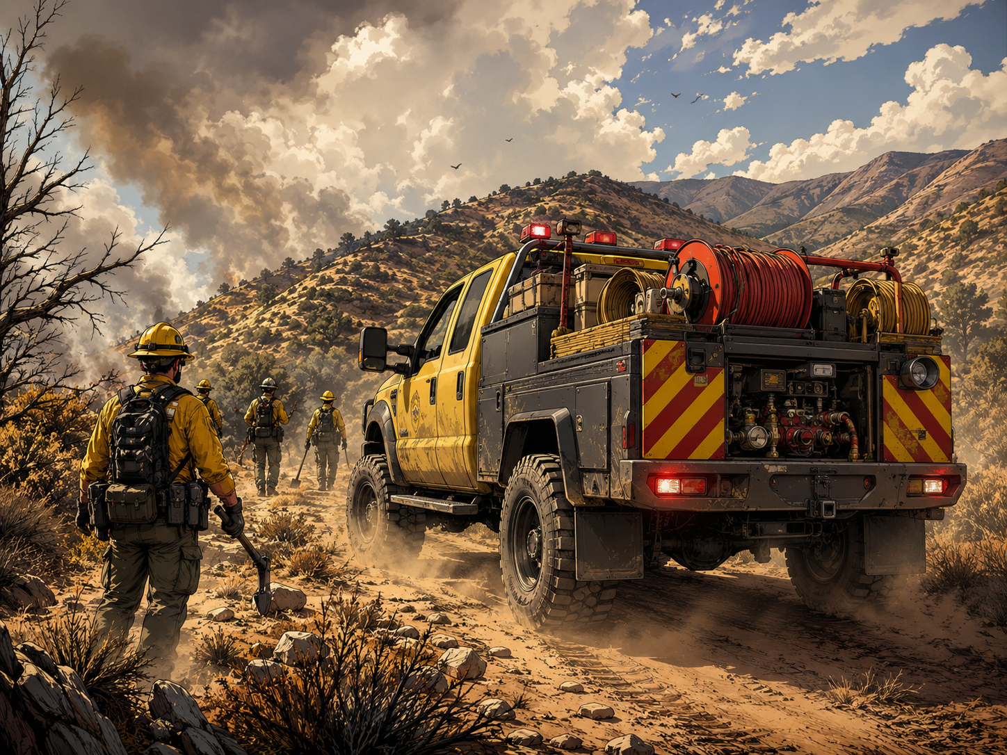 Brush engine driving on a dusty wildland trail.