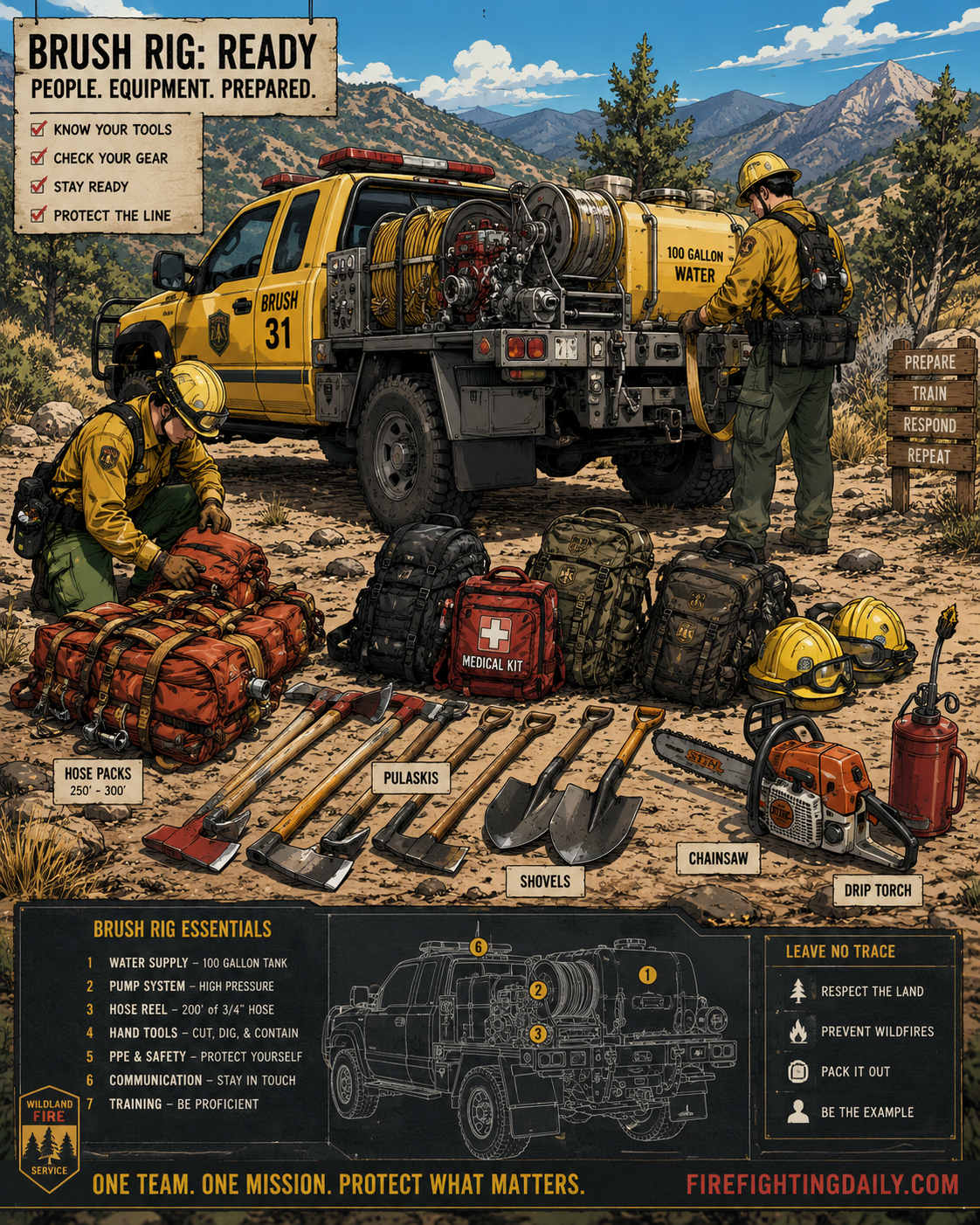 Brush rig equipment scene with wildland firefighting tools.