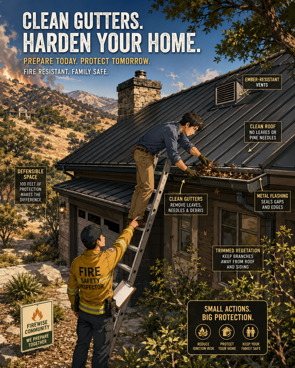 Clean gutters and roof hardening scene for wildfire protection.