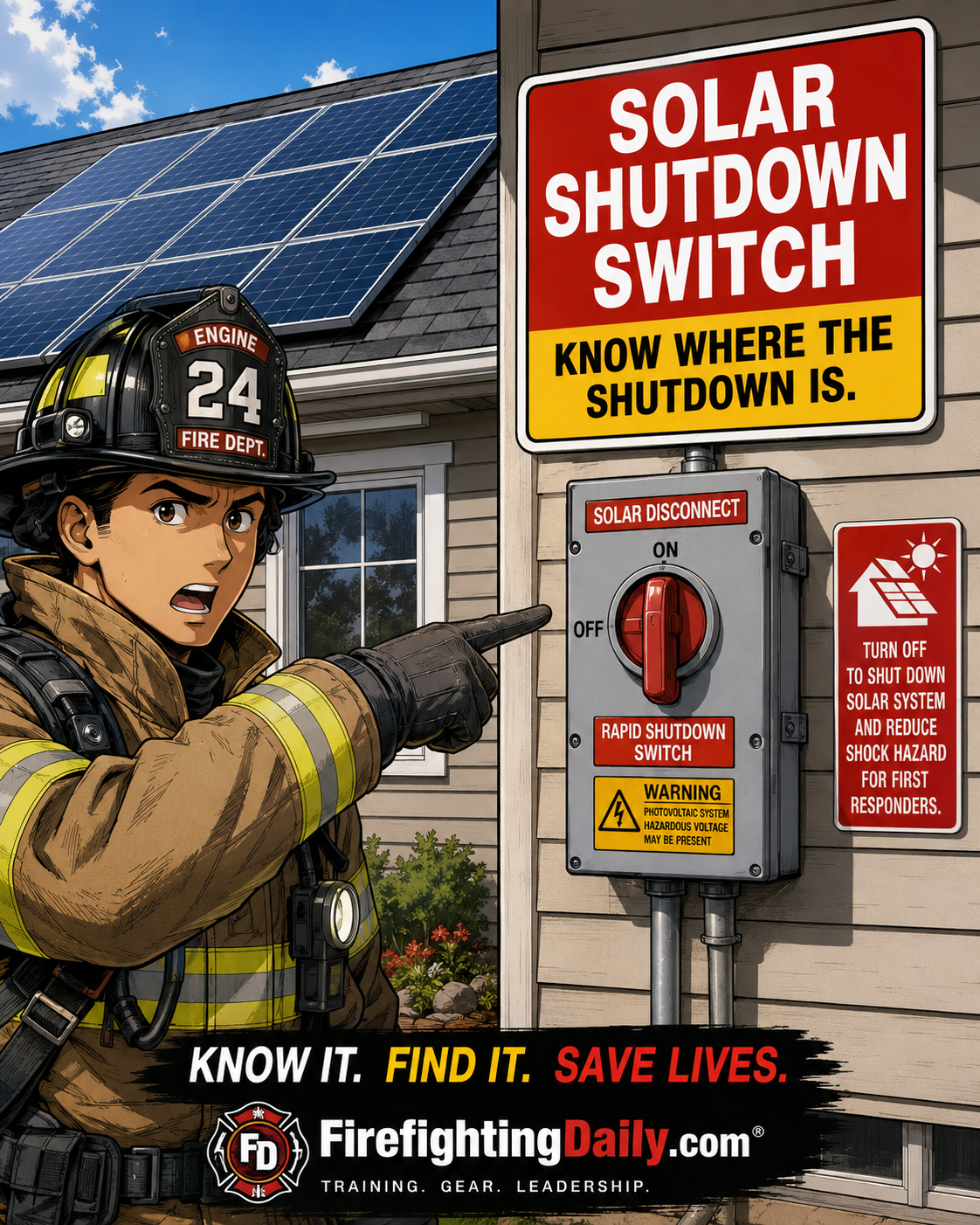 Clearly labeled shutdown switch for solar and battery systems.