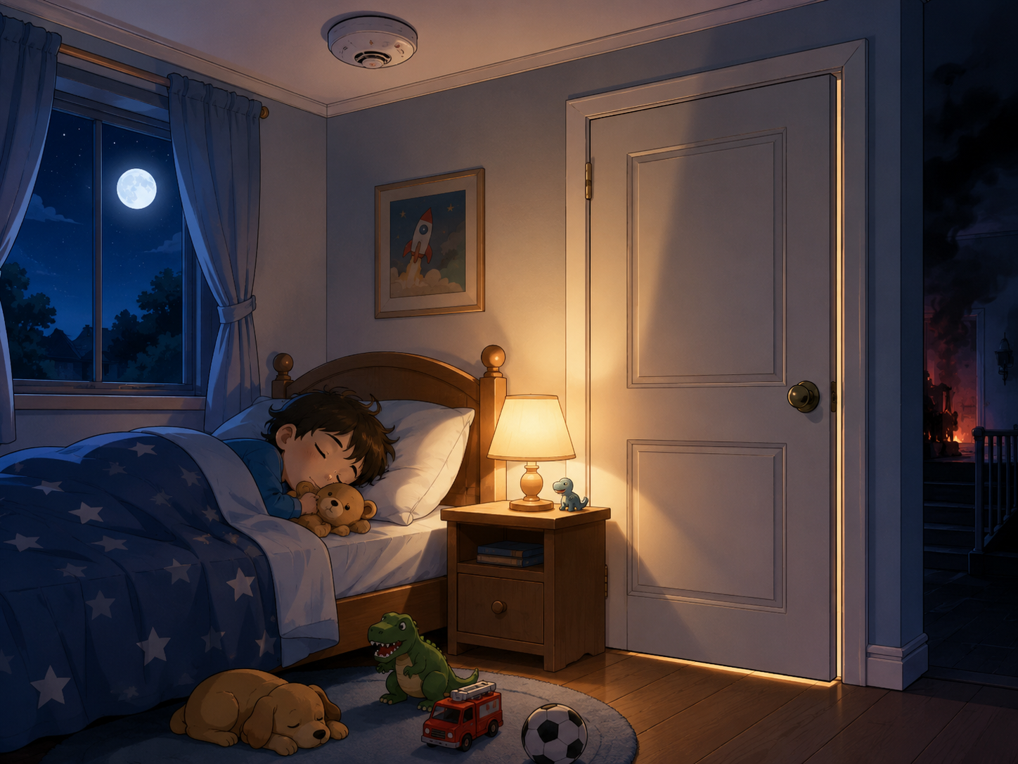 Bedroom door closed at night for close-before-you-doze safety concept.