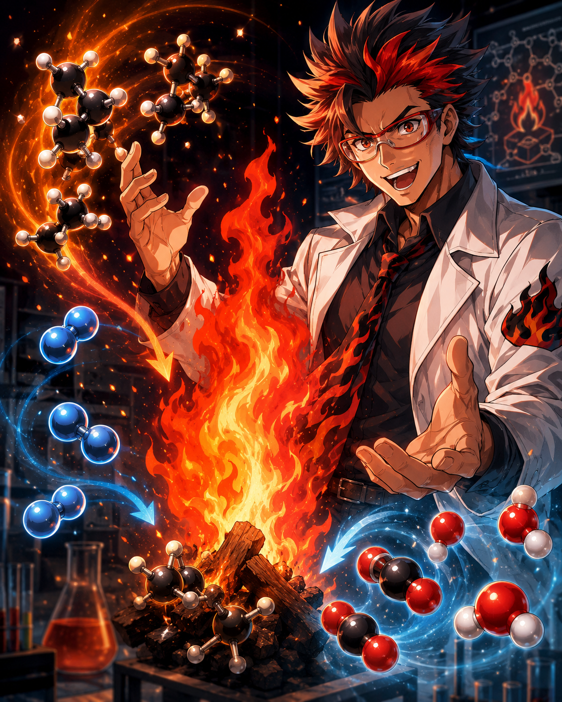 Manga-style combustion molecules and flame chemistry illustration.