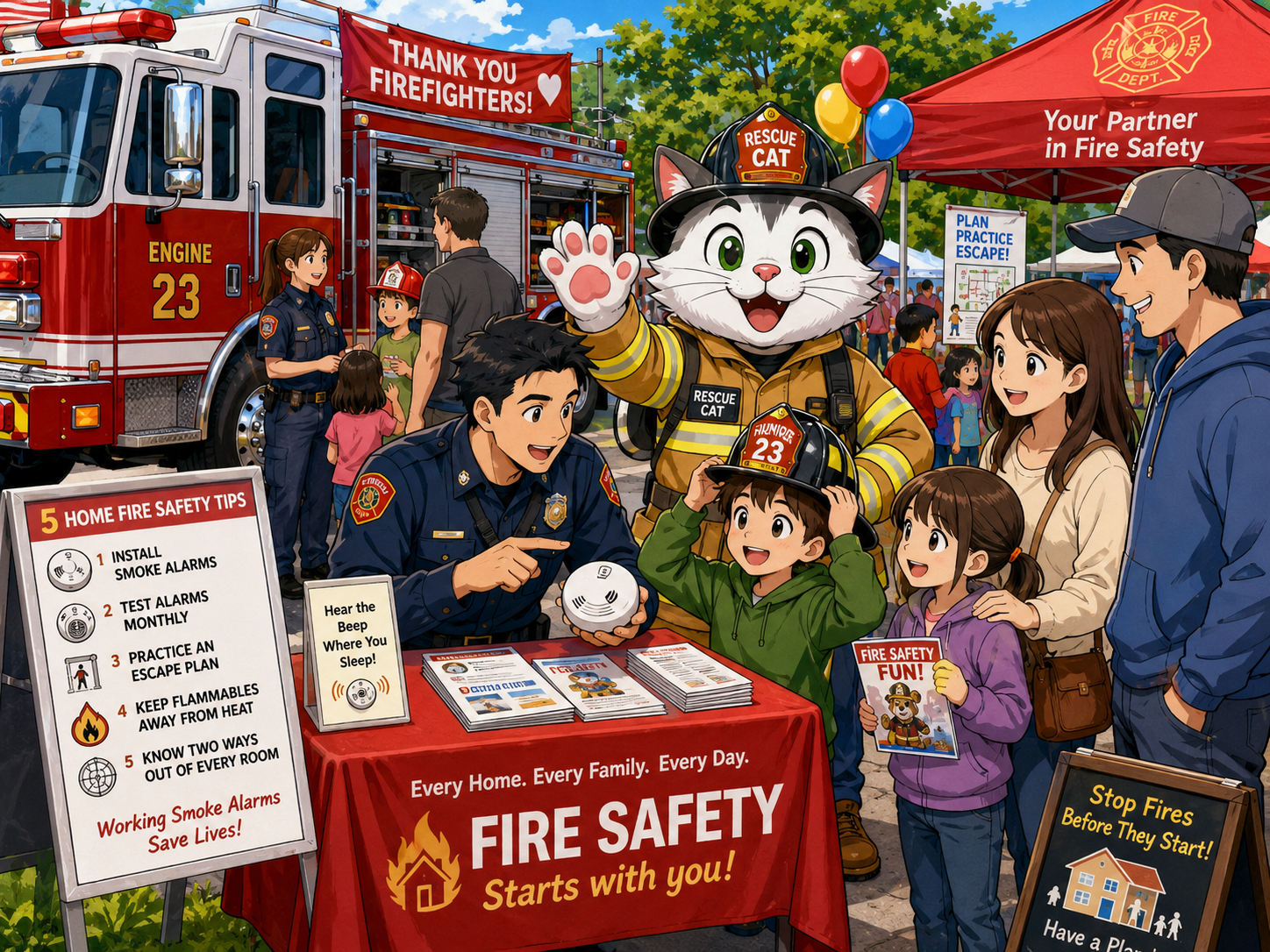 Community fire safety demonstration scene.