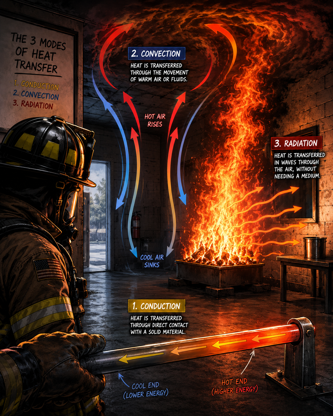 Fire science scene explaining conduction, convection, and radiation.