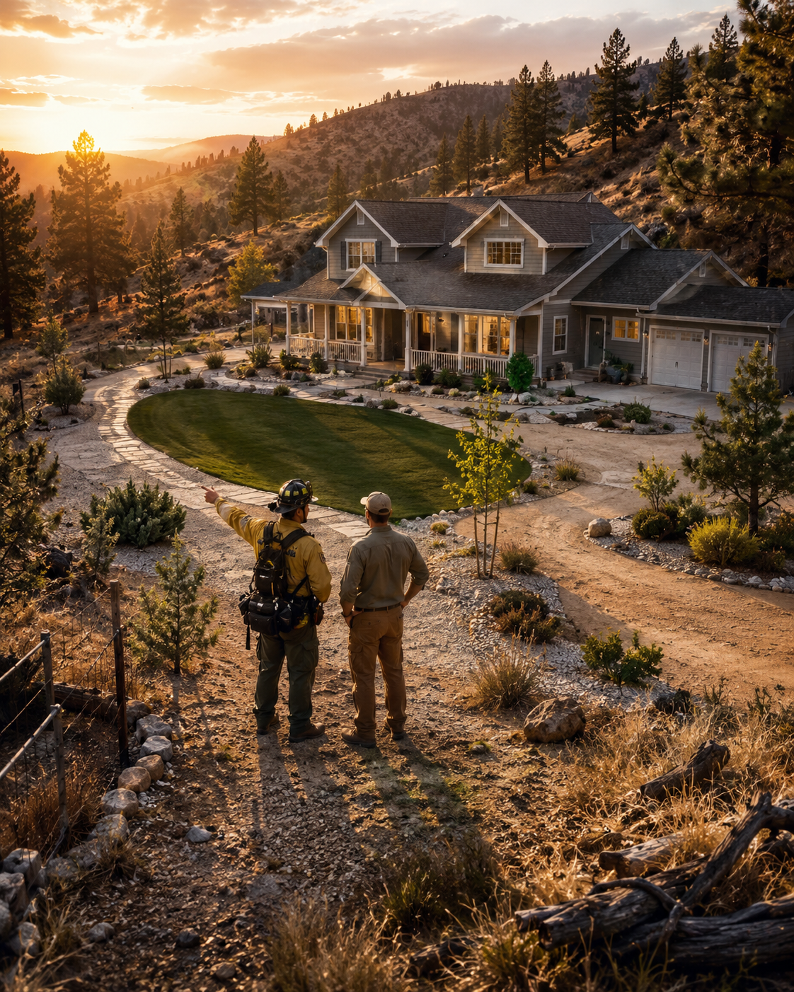 Defensible space around a hillside home.