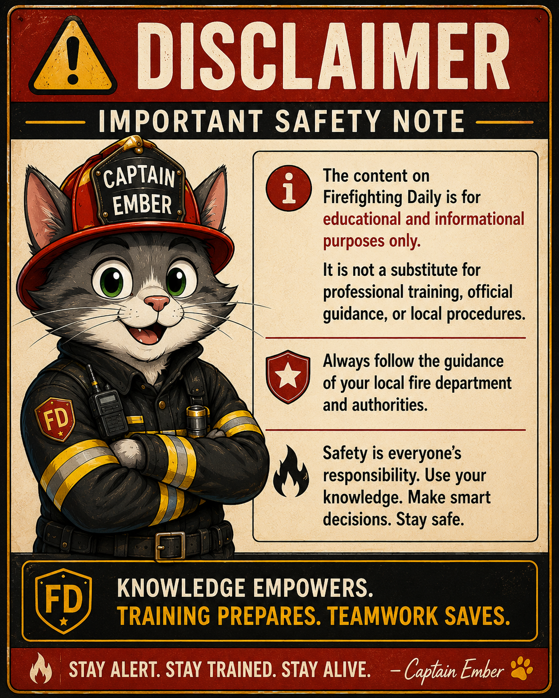 Captain Ember safety disclaimer note.