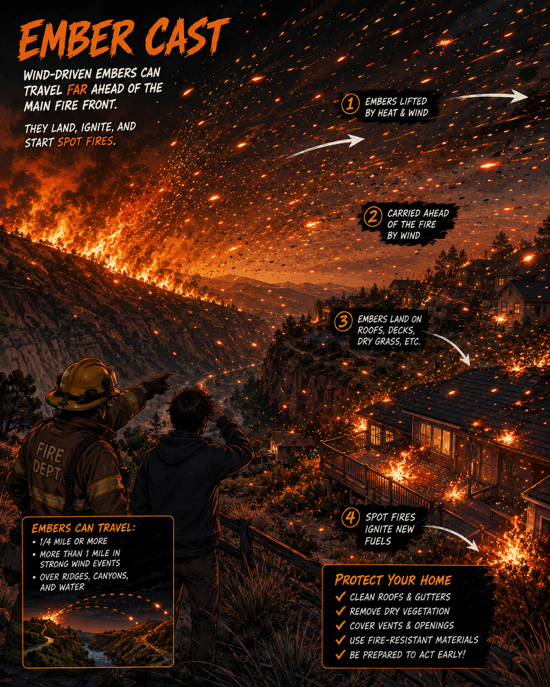 Flying wildfire embers under windy conditions.