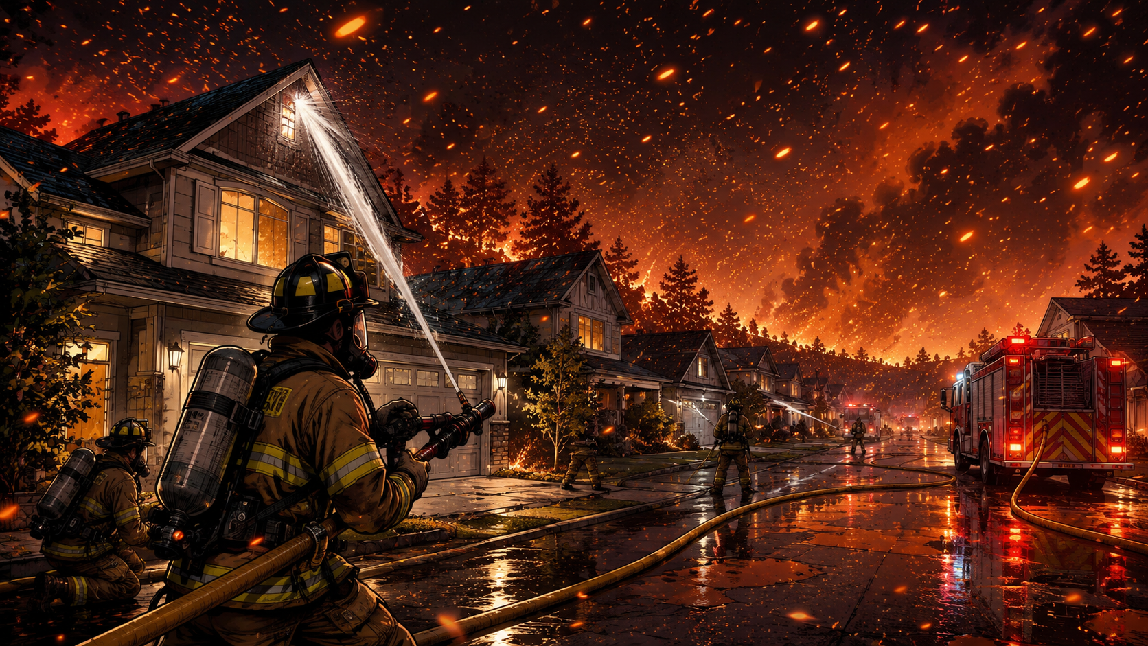 A neighborhood facing a wildfire ember storm with firefighters and defensible space.