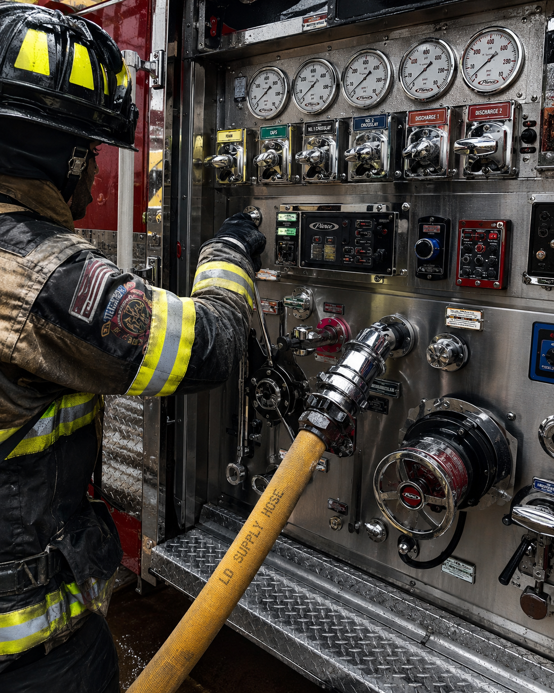 Fire engine pump panel controls and gauges.