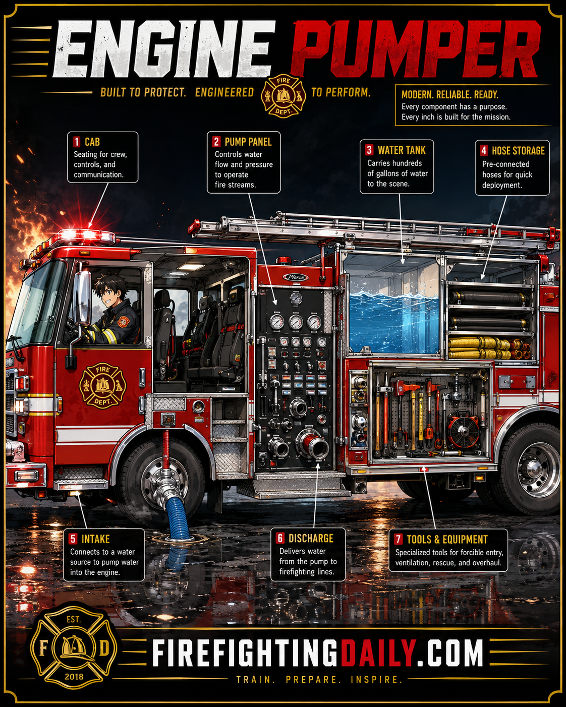 Fire engine cutaway style illustration showing major pumper components.