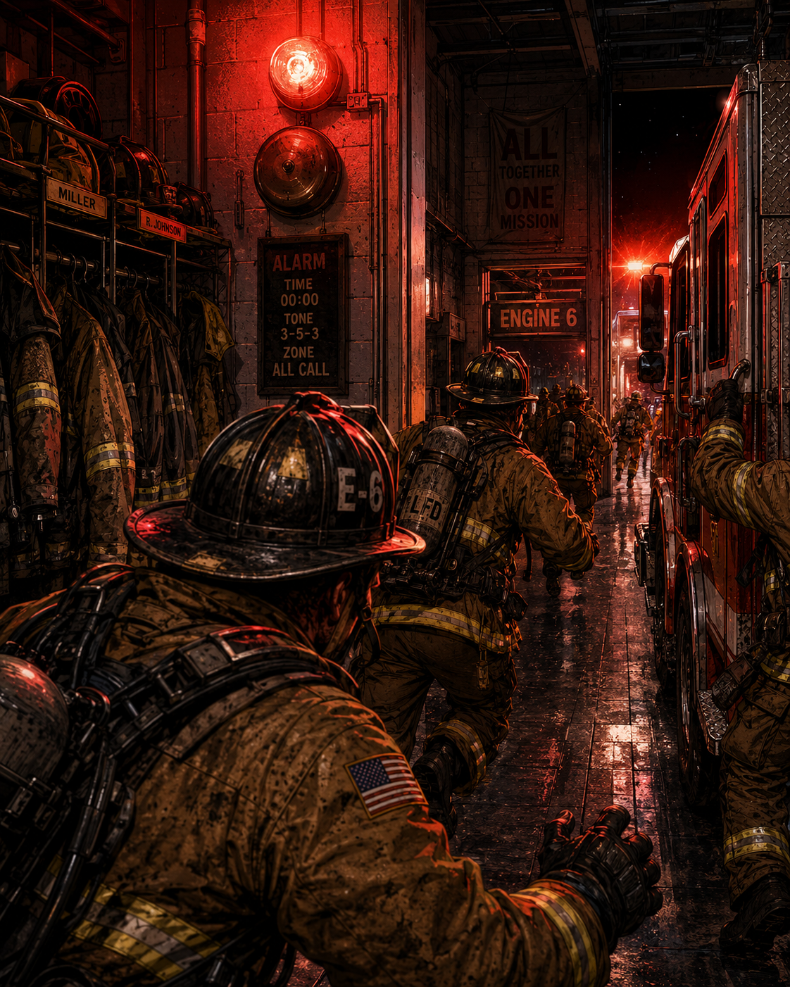 Episode 1 panel 1: the station alarm activates.