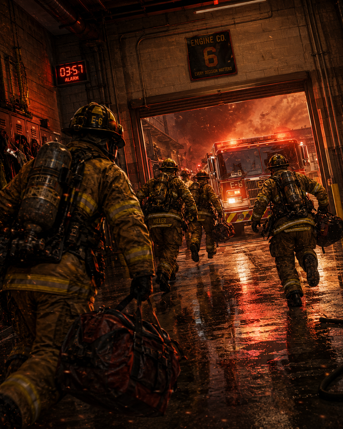 Episode 1 panel 2: the crew rushes to the engine.