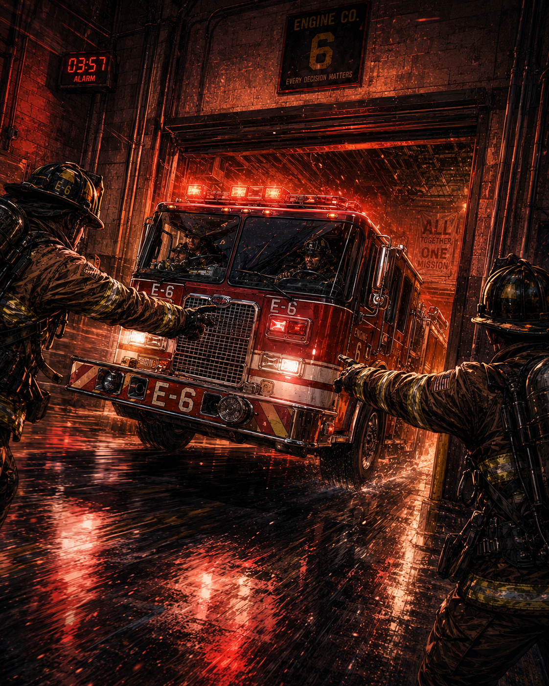 Episode 1 panel 4: the fire engine exits the bay at night.