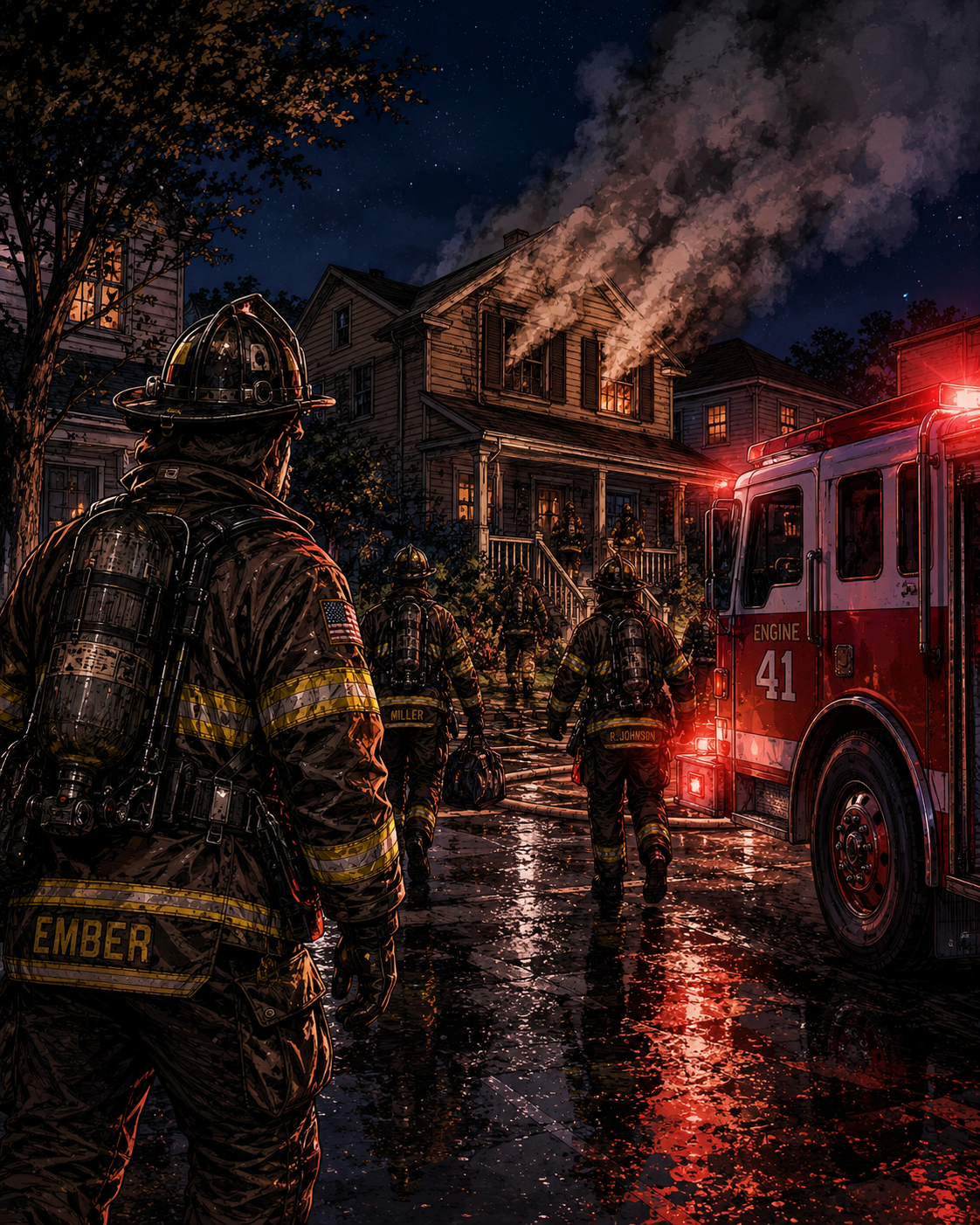 Episode 1 panel 5: arrival with smoke showing from a house.