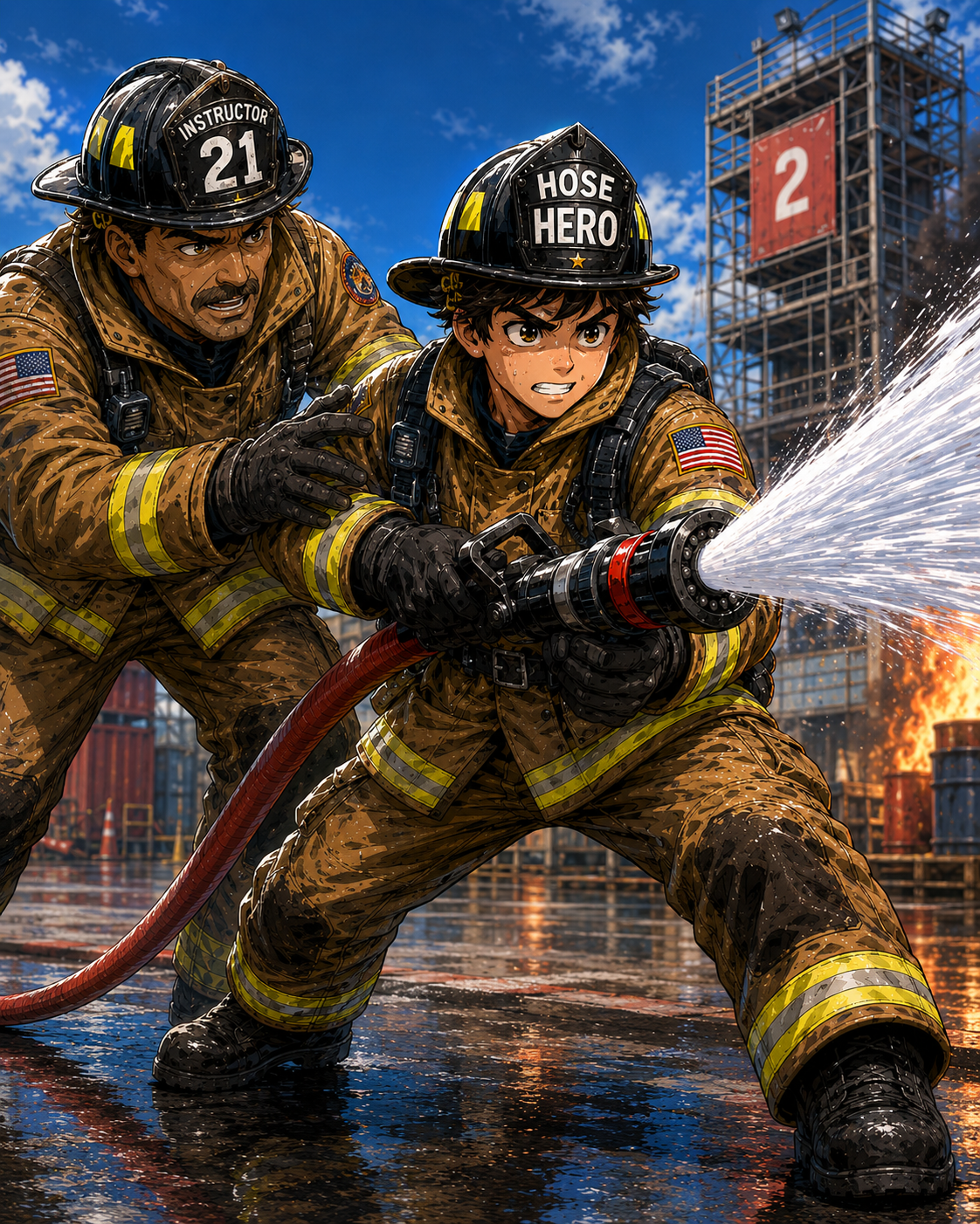 Episode 2 panel 1: Hose Hero holds the nozzle.