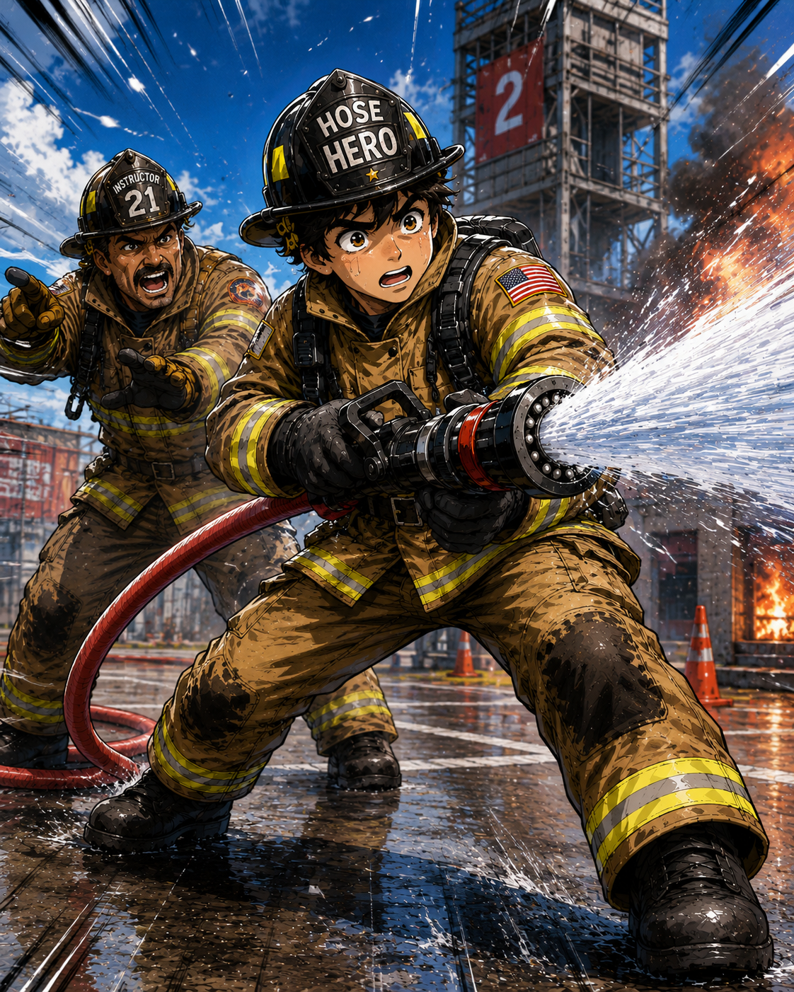 Hose Hero surprised by nozzle reaction during training.