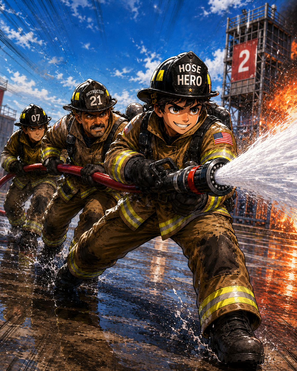 Firefighters advancing a hose line as a team.