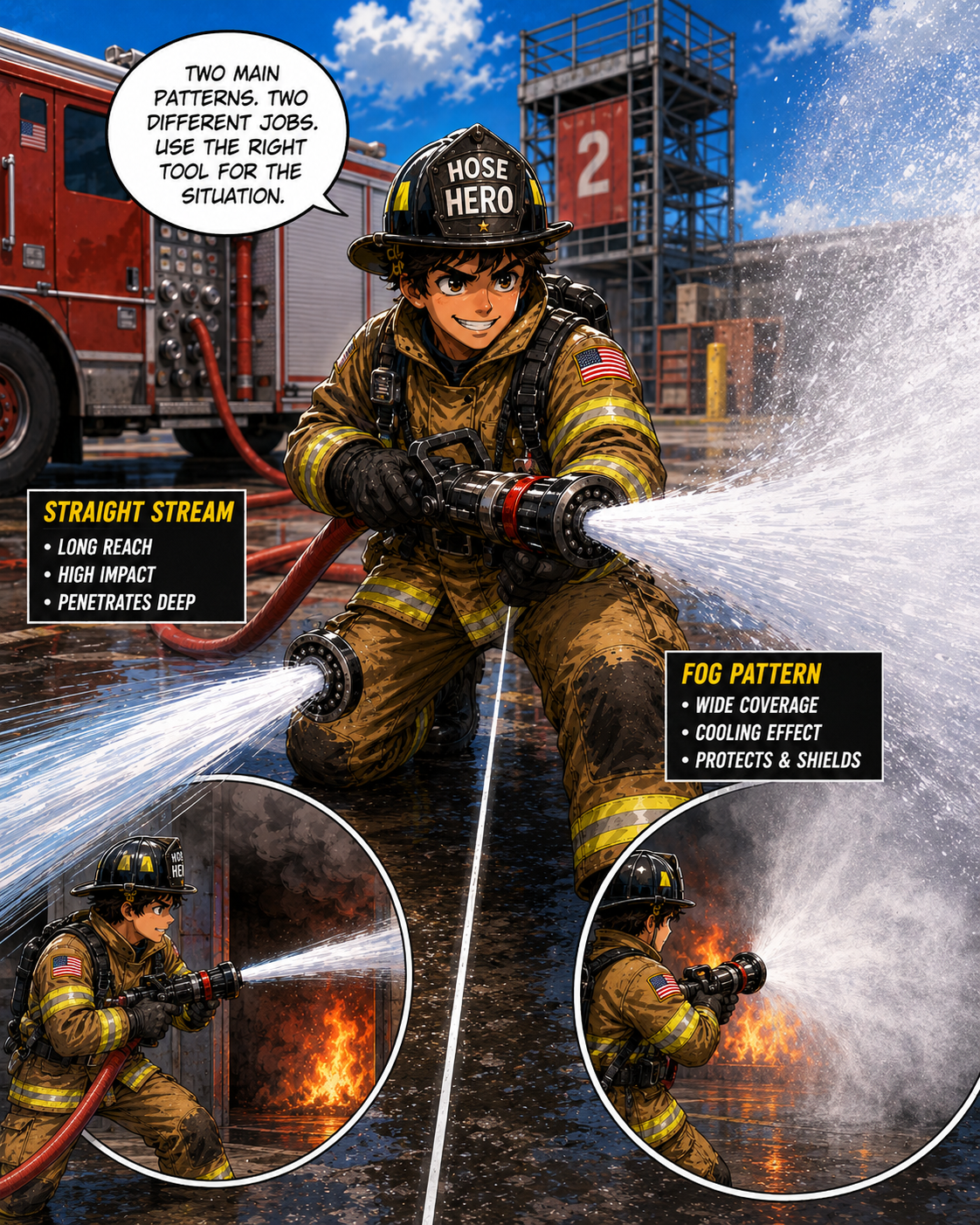 Manga panel showing straight stream versus fog nozzle pattern.