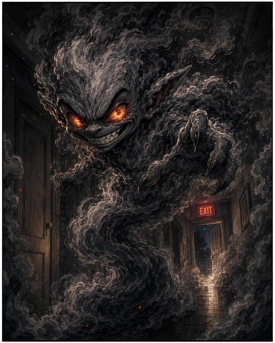 Episode 3 panel 1: Smoke Goblin appears in the hallway.