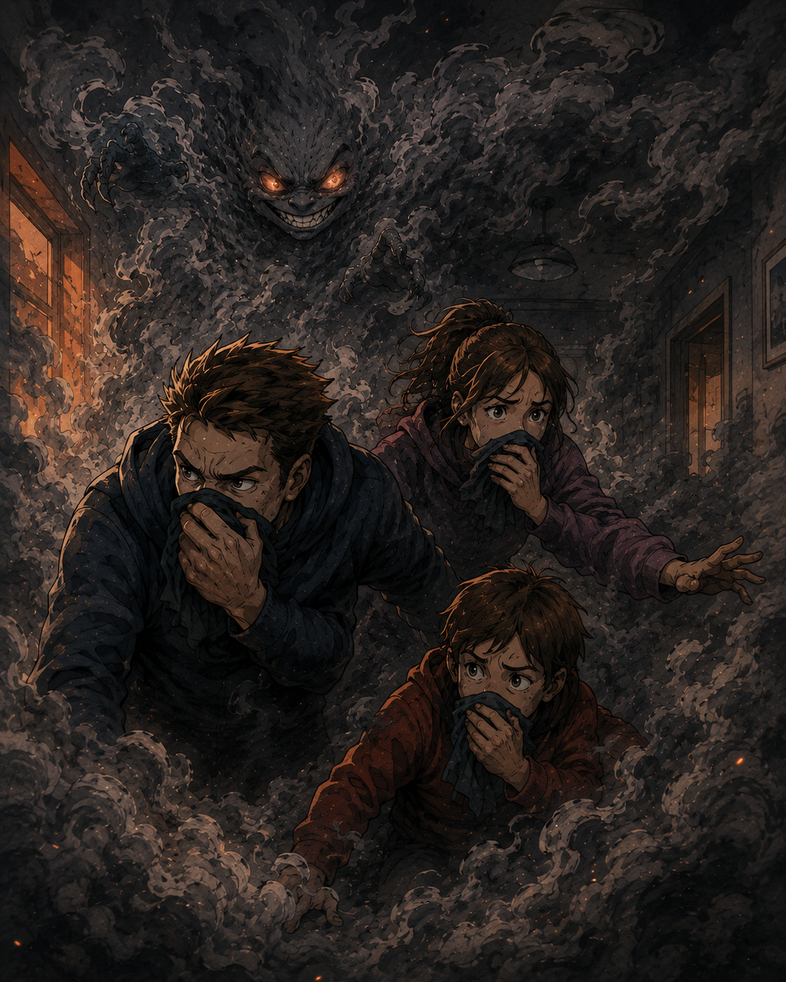 Episode 3 panel 2: family confused by smoke.