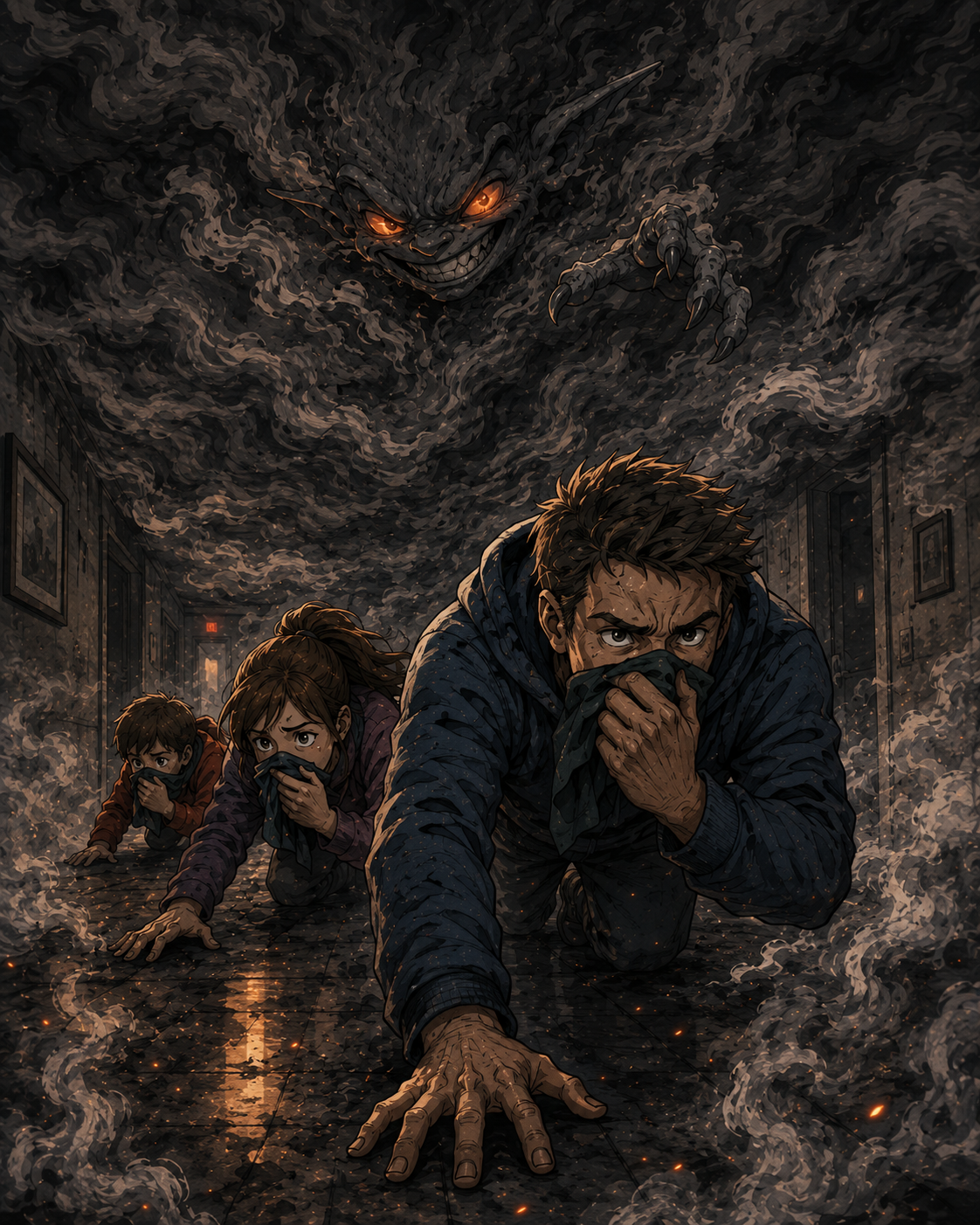 Episode 3 panel 3: low crawl under smoke.