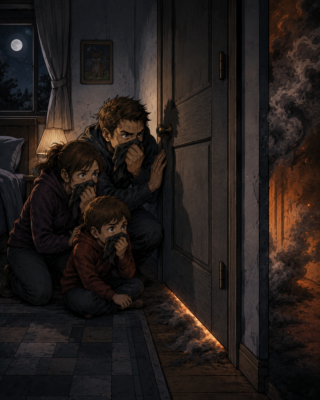Episode panel showing a closed door buying time during smoke conditions.