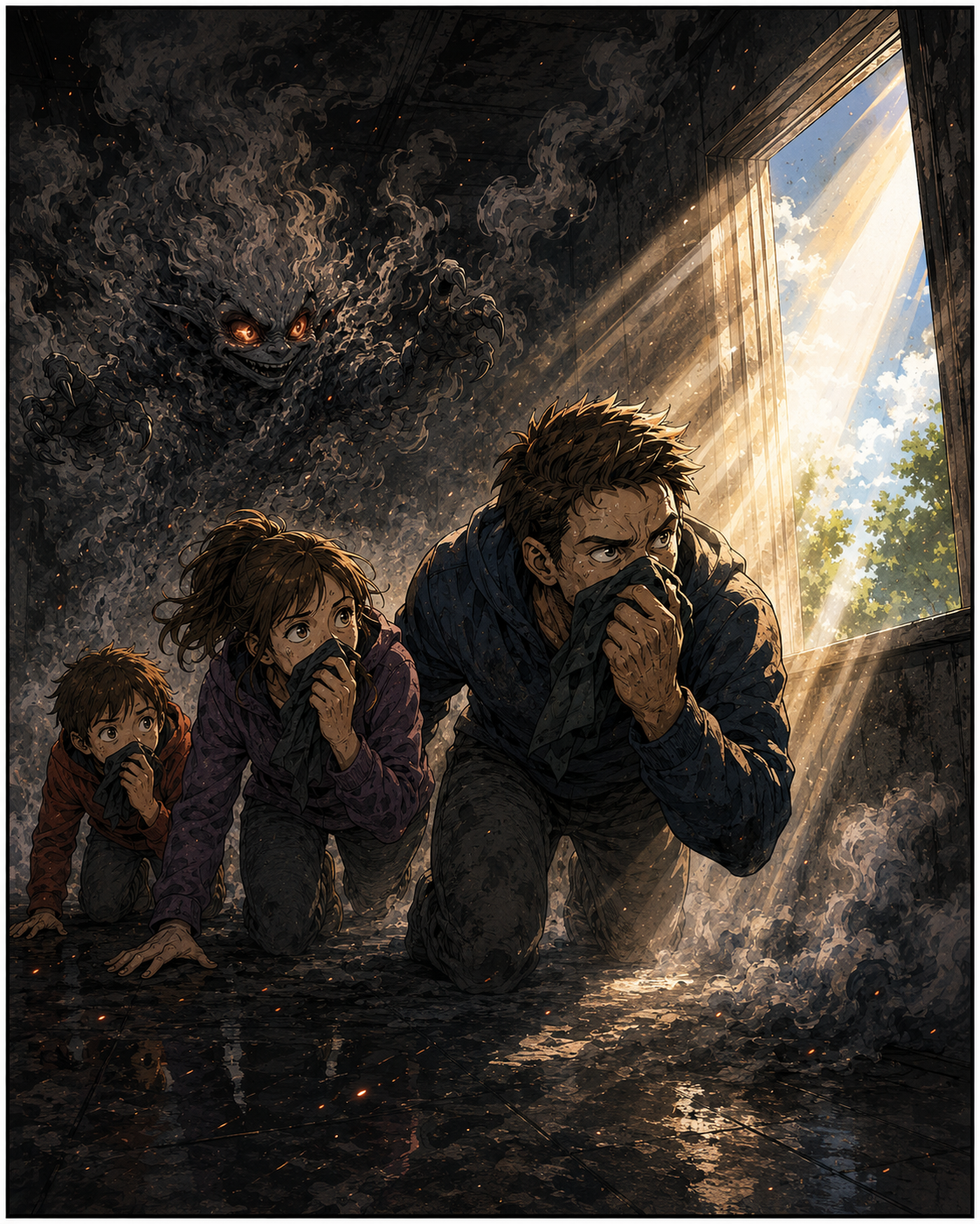 Episode 3 panel 5: exit found through window light.