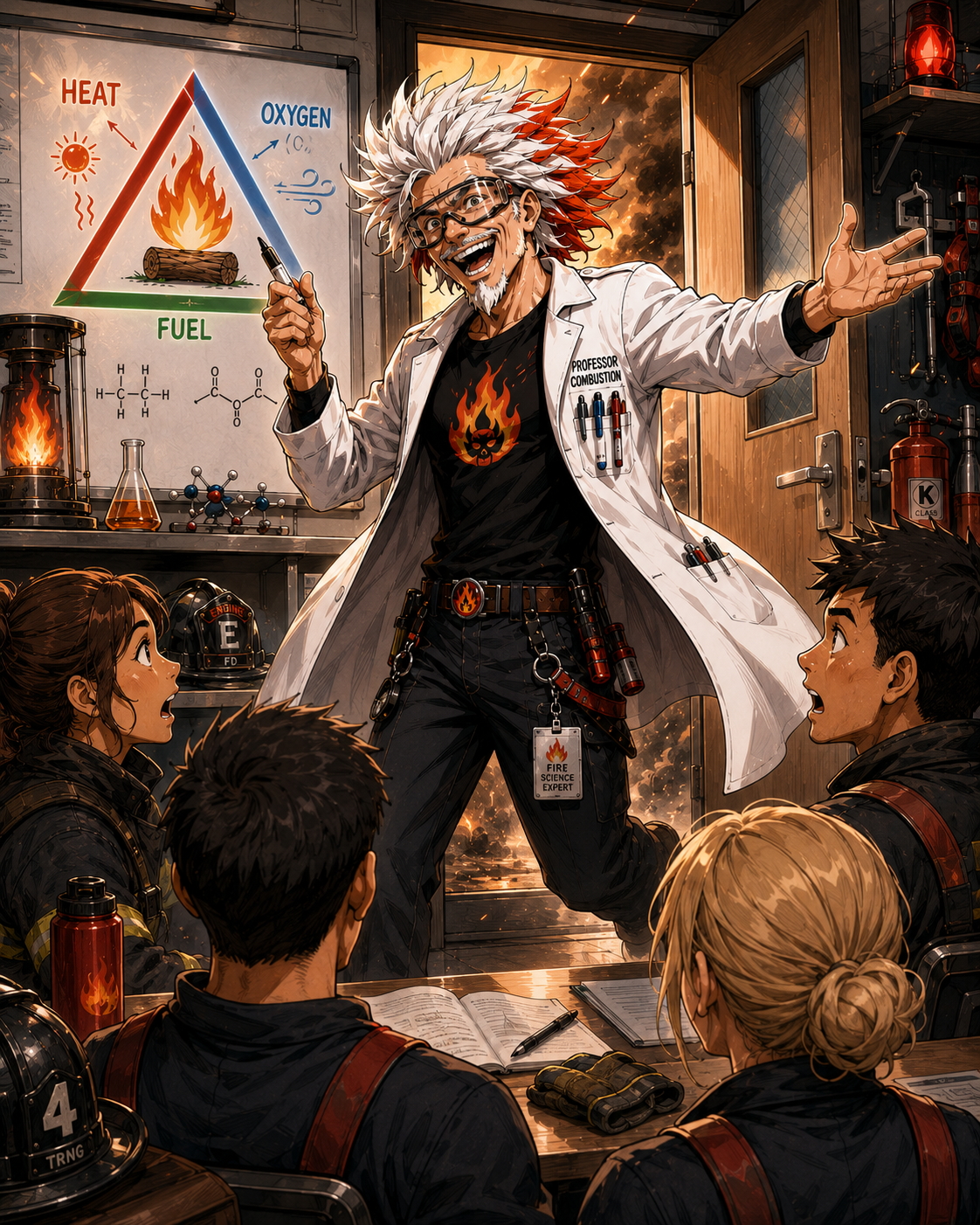 Episode 4 panel 1: Professor Combustion enters.