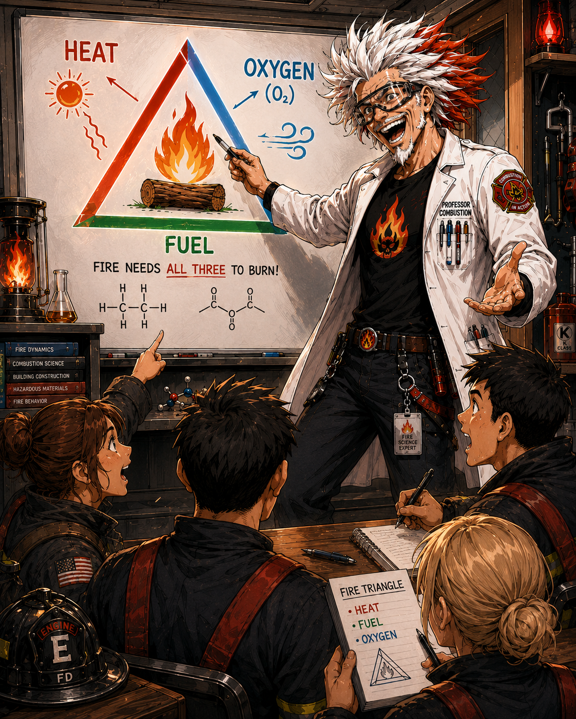 Episode 4 panel 2: heat fuel oxygen triangle.