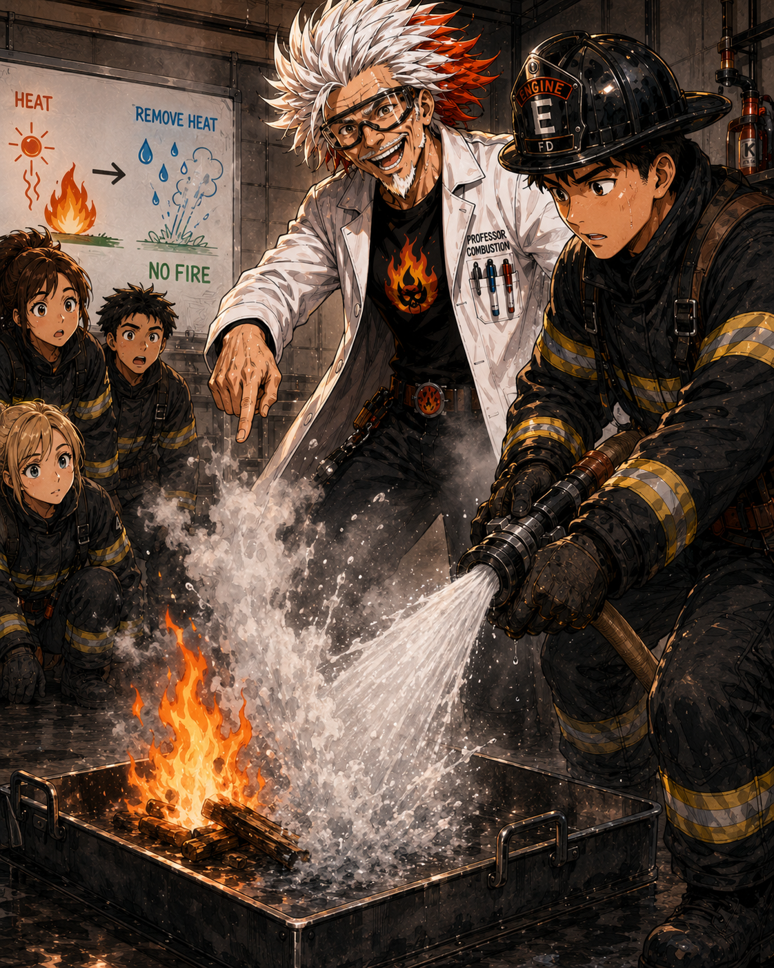 Professor Combustion showing a remove heat example.