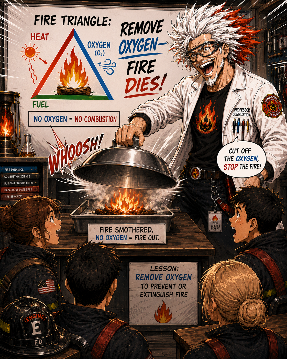 Professor Combustion showing a remove oxygen example.