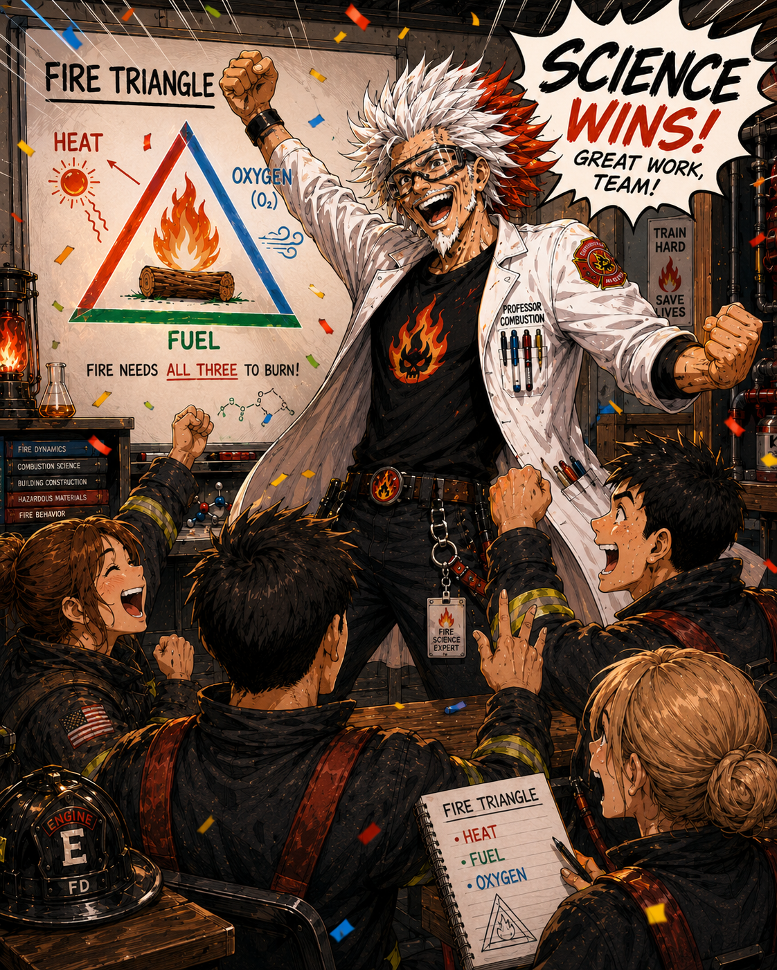 Episode 4 panel 6: class cheers science win.
