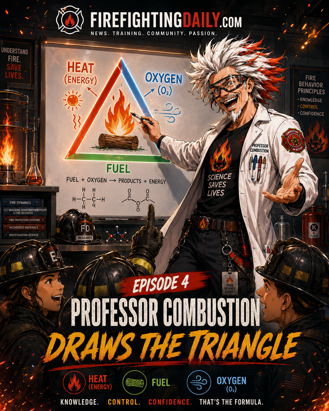 Episode 4 cover: Professor Combustion Draws the Triangle.