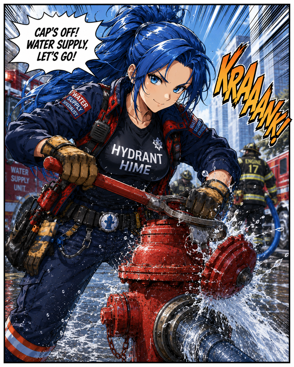 Hydrant cap removal in a manga-style firefighting scene.