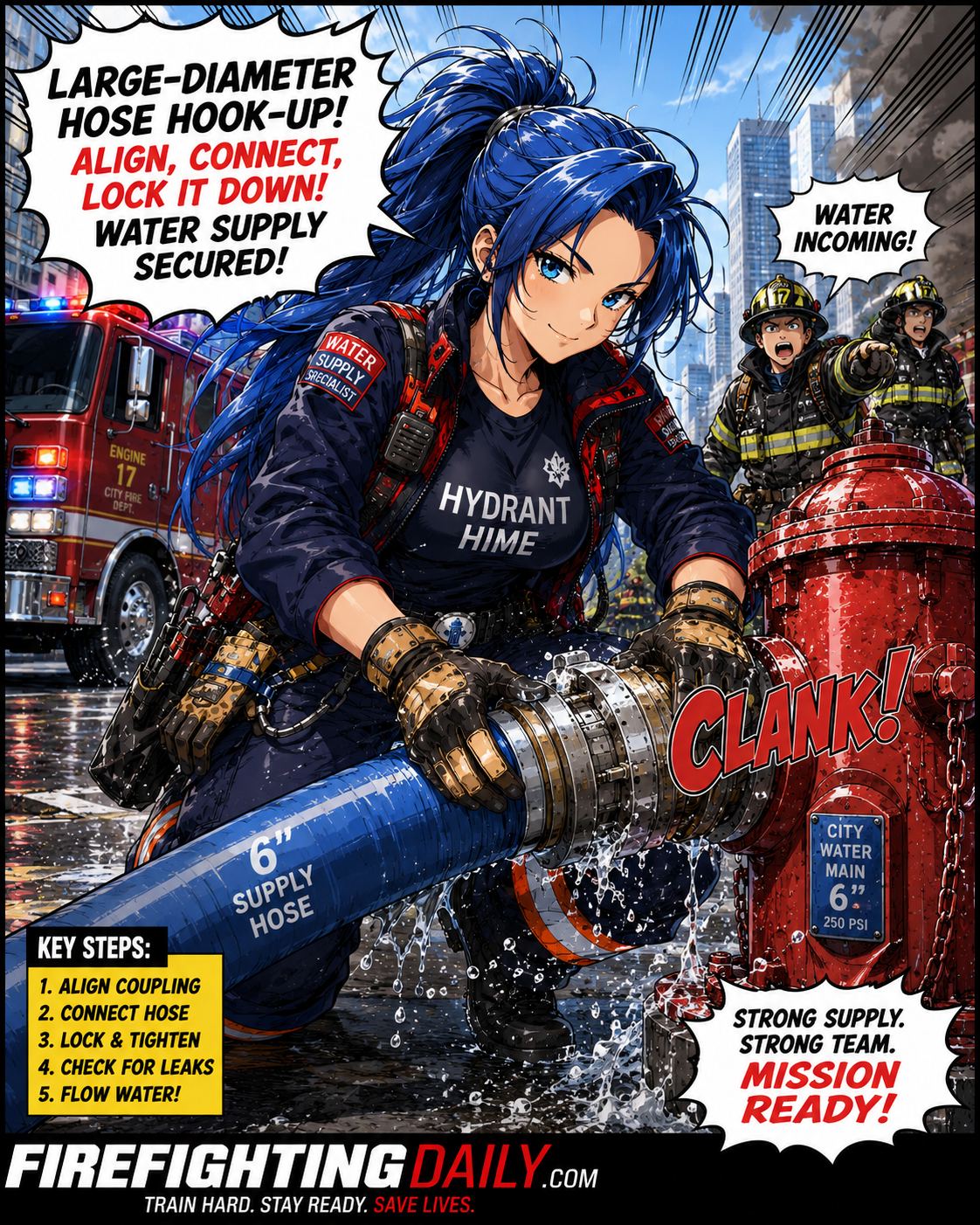 Large diameter hose hookup to a fire hydrant.