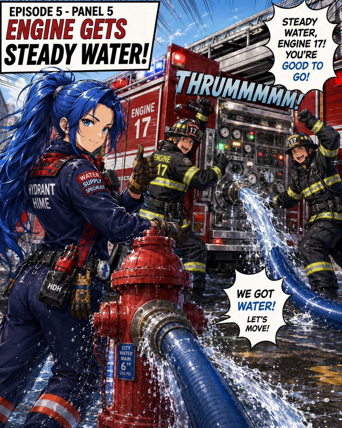 Fire engine receiving steady water from a hydrant supply.
