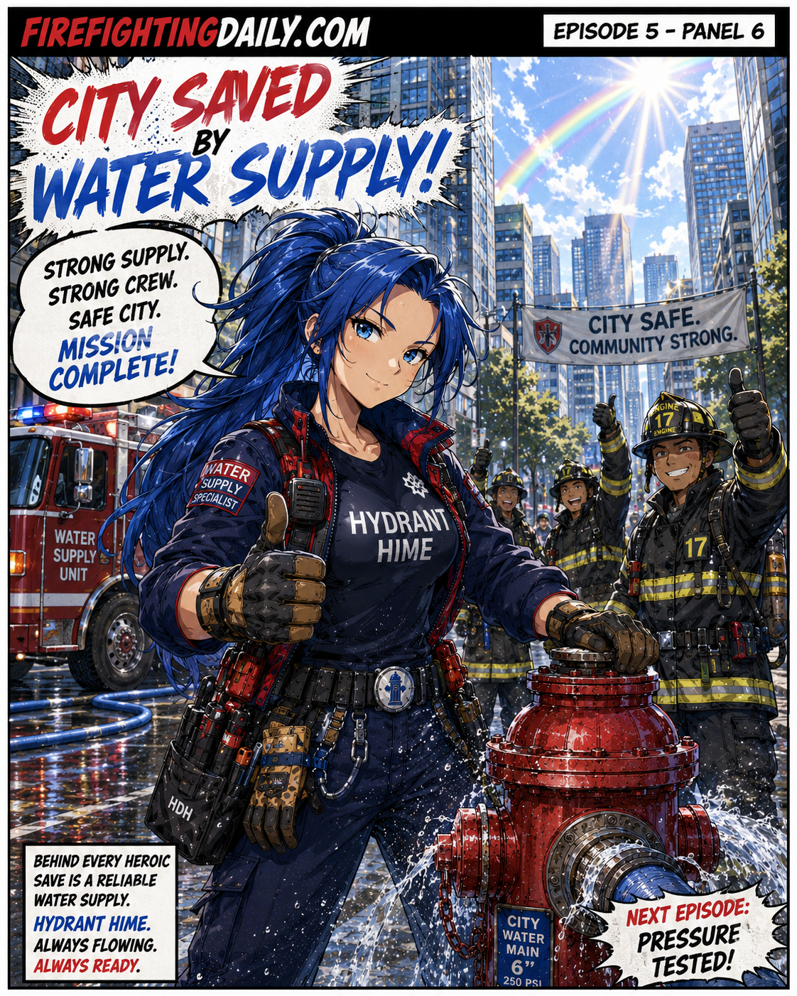 Episode 5 panel showing the city saved by water supply.