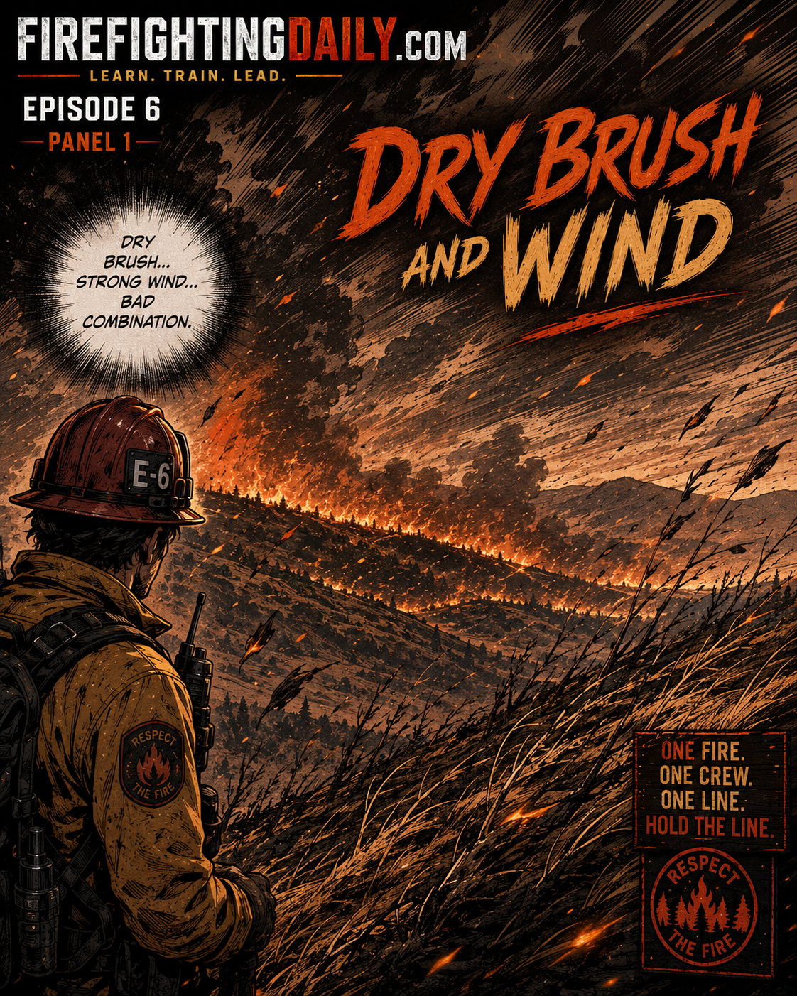 Episode 6 panel 1: dry brush and wind.