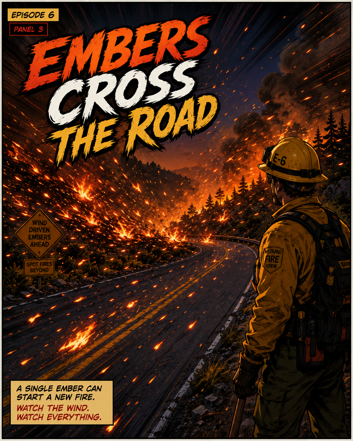 Episode 6 panel 3: embers cross the road.
