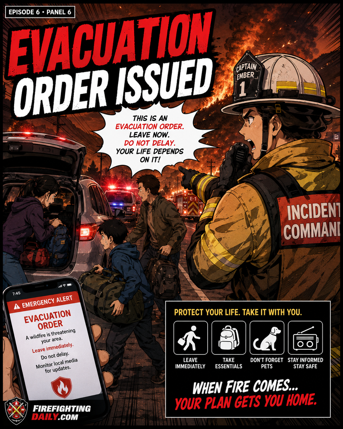 Episode 6 panel 6: evacuation order issued.