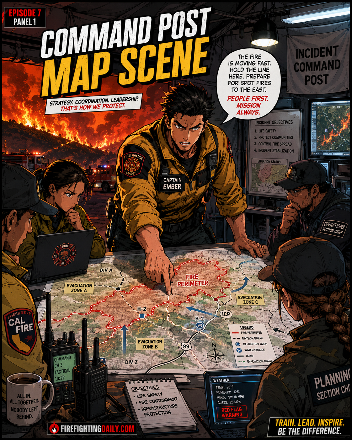 Episode 7 panel 1: command post map scene.