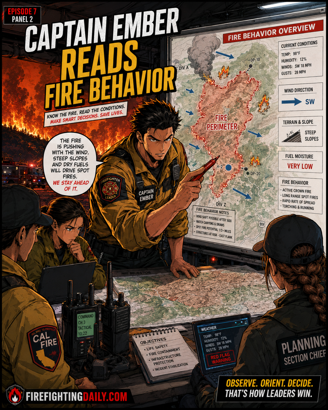Captain Ember reading wildfire behavior in Episode 7.