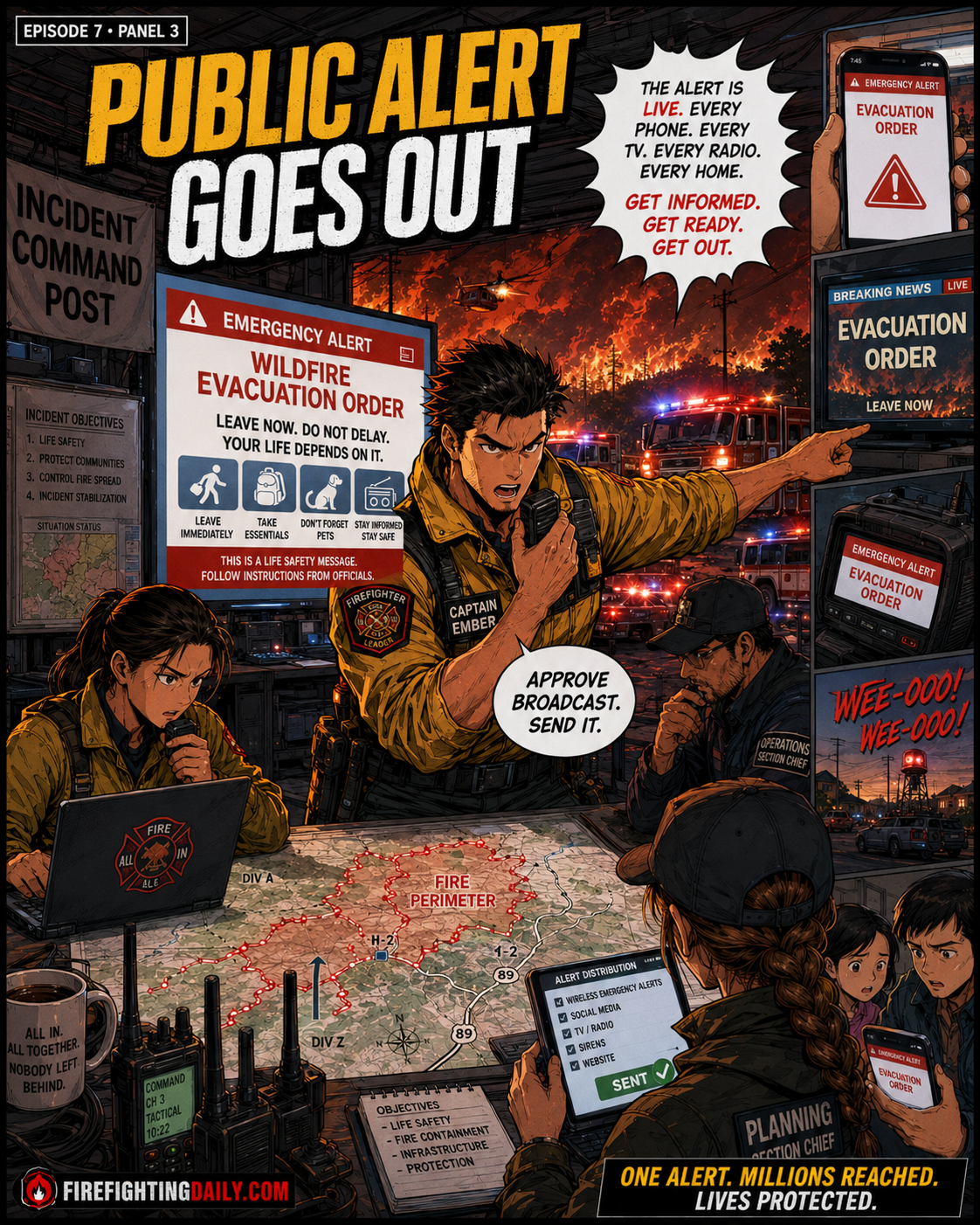 Episode 7 panel 3: public alert goes out.