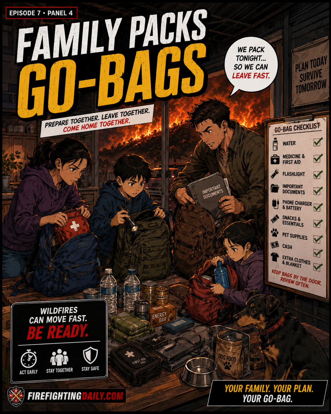Episode 7 panel 4: family packs go-bags.