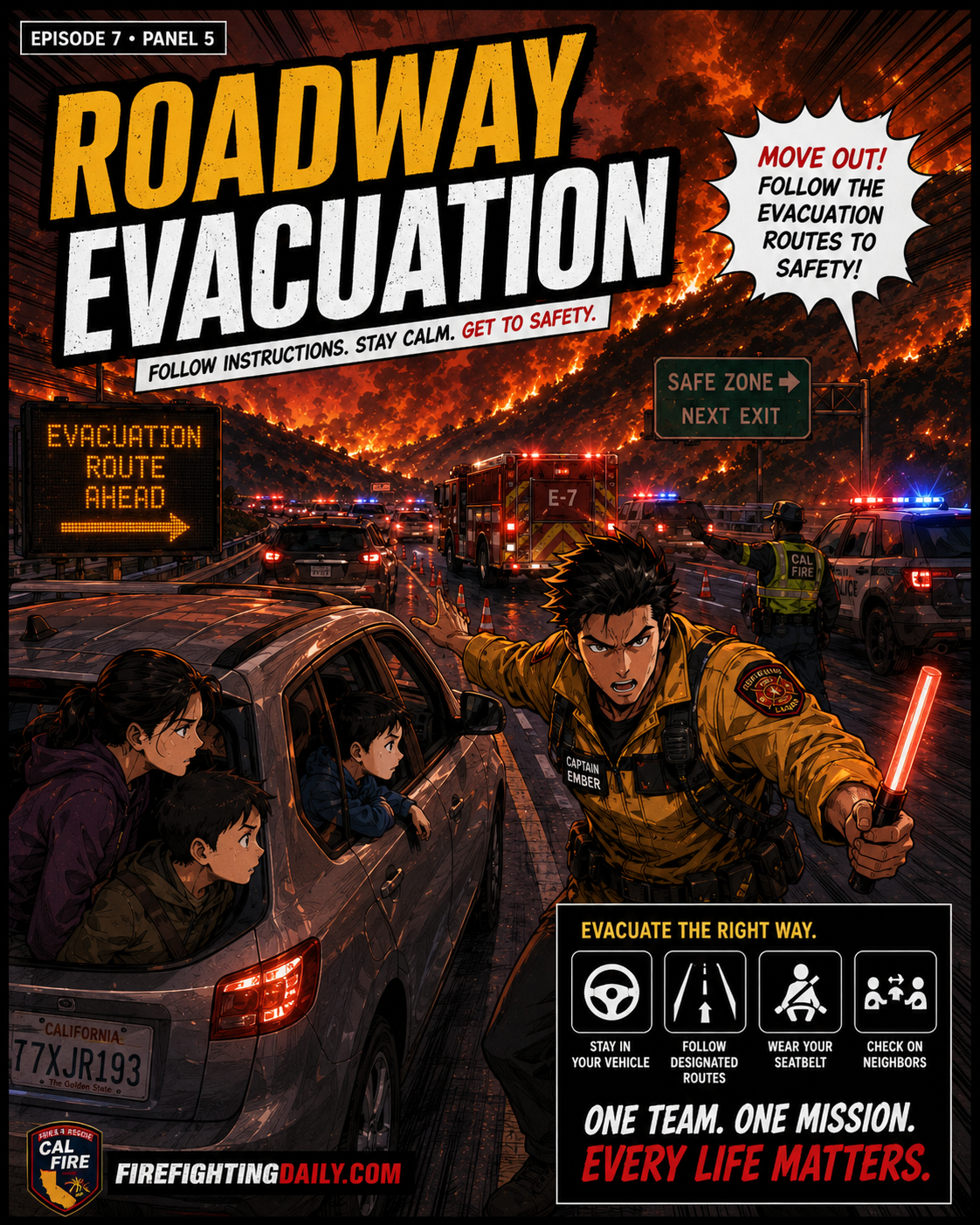 Episode 7 panel 5: roadway evacuation scene.